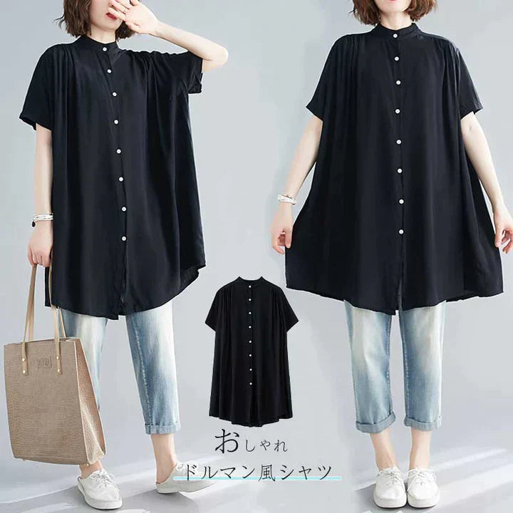大人ファッション タック入り ドルマン風 ロングシャツ 楽ちん 着痩せ かわいいシャツ