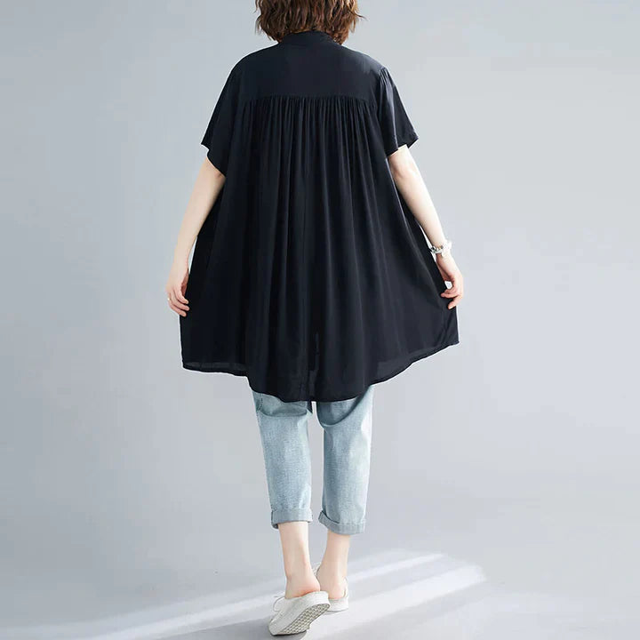 大人ファッション タック入り ドルマン風 ロングシャツ 楽ちん 着痩せ かわいいシャツ