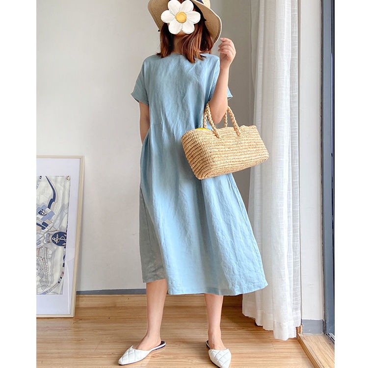 【コットンリネン無地ワンピース】